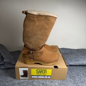 Sven 11" Shearling Wood Clog Boots Low Heels Natural Tan Brown 37 / 6